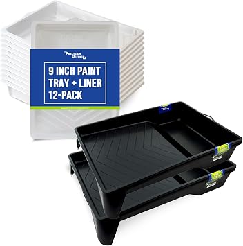 PD 9 Inch Paint Roller Tray and Liner Bundle, 12-Pack, Deep Pocket | Textured Ridge for Even Loads, Fast Color Swaps, Easy Cleanup, Wash or Toss Liners, Black Tray, White Liner, Plastic