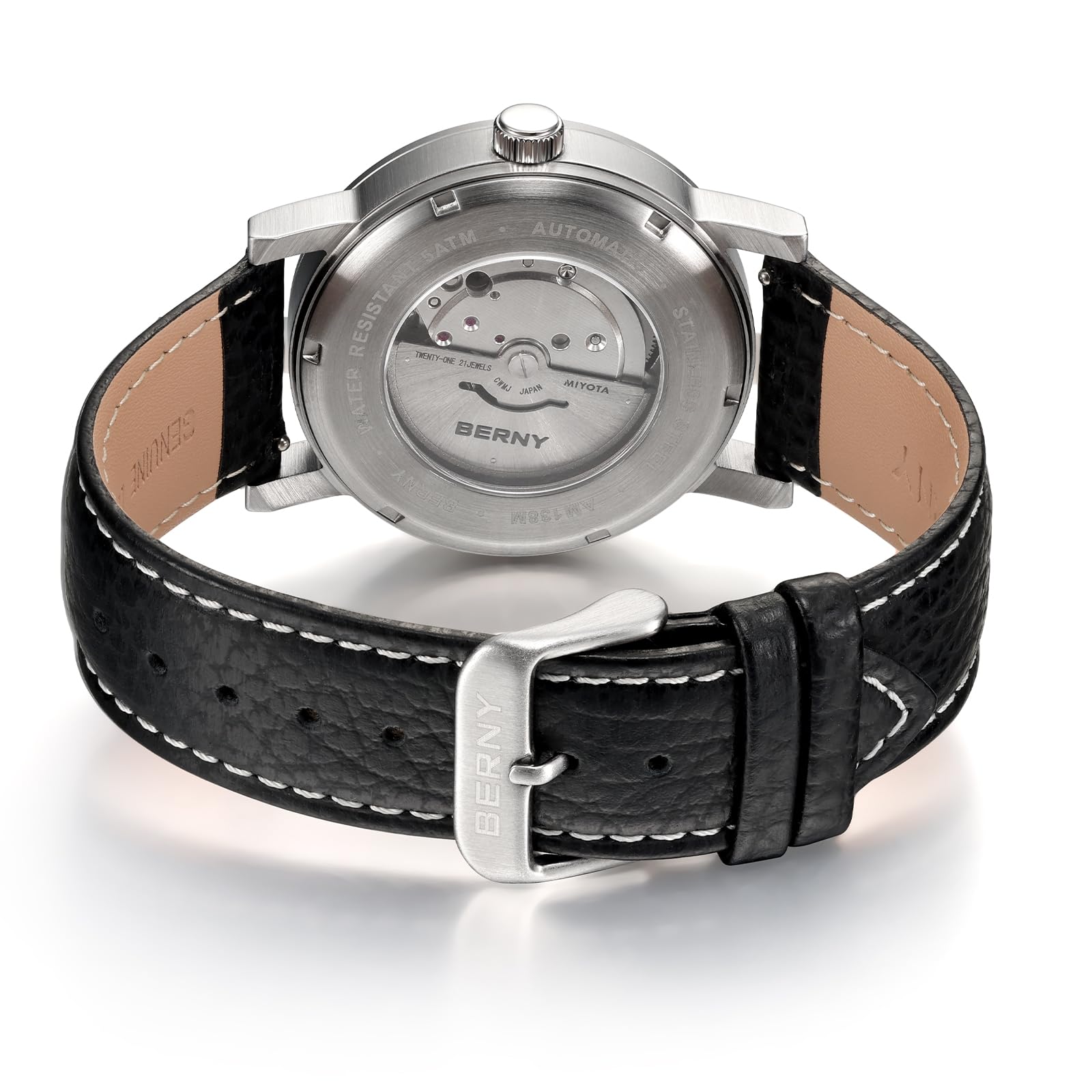 BERNY Clásico Reloj Automático Masculino Mecánico Reloj de Autorollo Correa de Acero Inoxidable 5ATM Impermeable y Luminoso