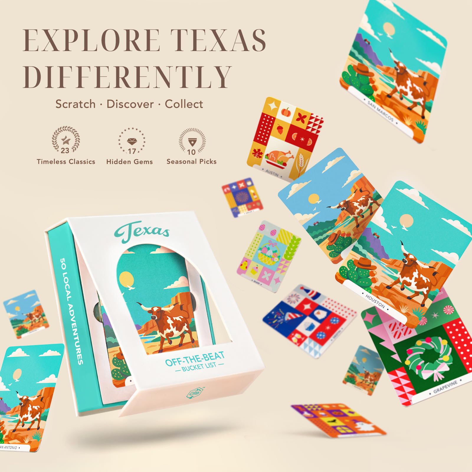 Texas Adventure, 50 carte da grattare | Gemme nascoste locali uniche, 2026 Schede elenco secchio fuori dal ritmo, Regali del Texas per coppie e famiglie