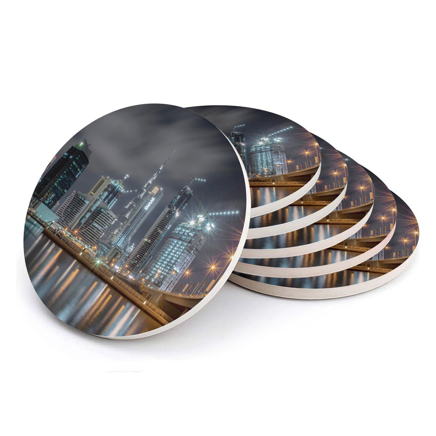 Sous-verre ronds en céramique Dubaï nuit paysage urbain lot de 6 dessous verre