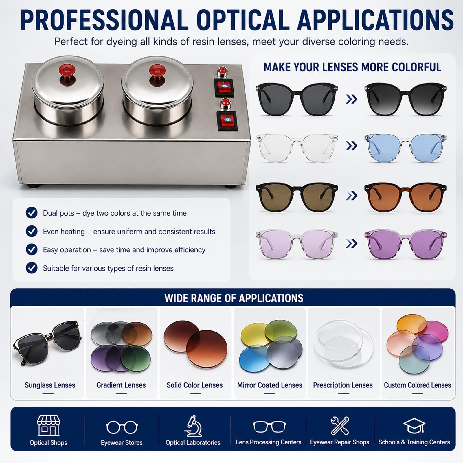 Máquina para Teñir Lentes De Gafas, Calentador De Doble Recipiente para Teñir Lentes ópticas con Interruptores Independientes, para Lentes De Resina, Laboratorio óptico Y Tienda De Gafas.