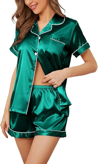 Womens Silk Pajama Set 2 Pcs Short Sleeve Sleepwear Button Down Pj
