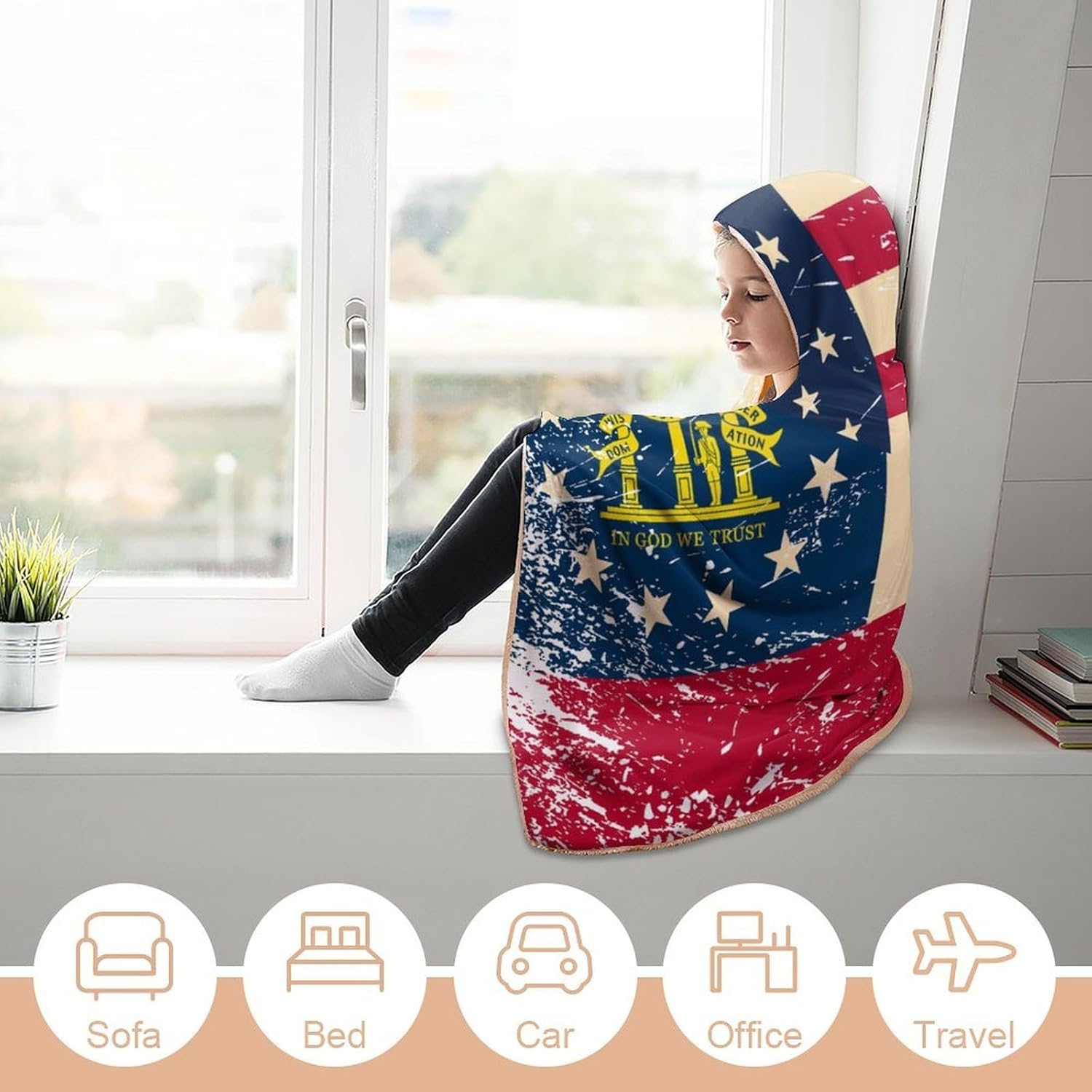 Vintage U.S.A And Georgia State Flag Fashion Wearable Blanket Hoodie Fleece Throw Cloak Robe Unisex