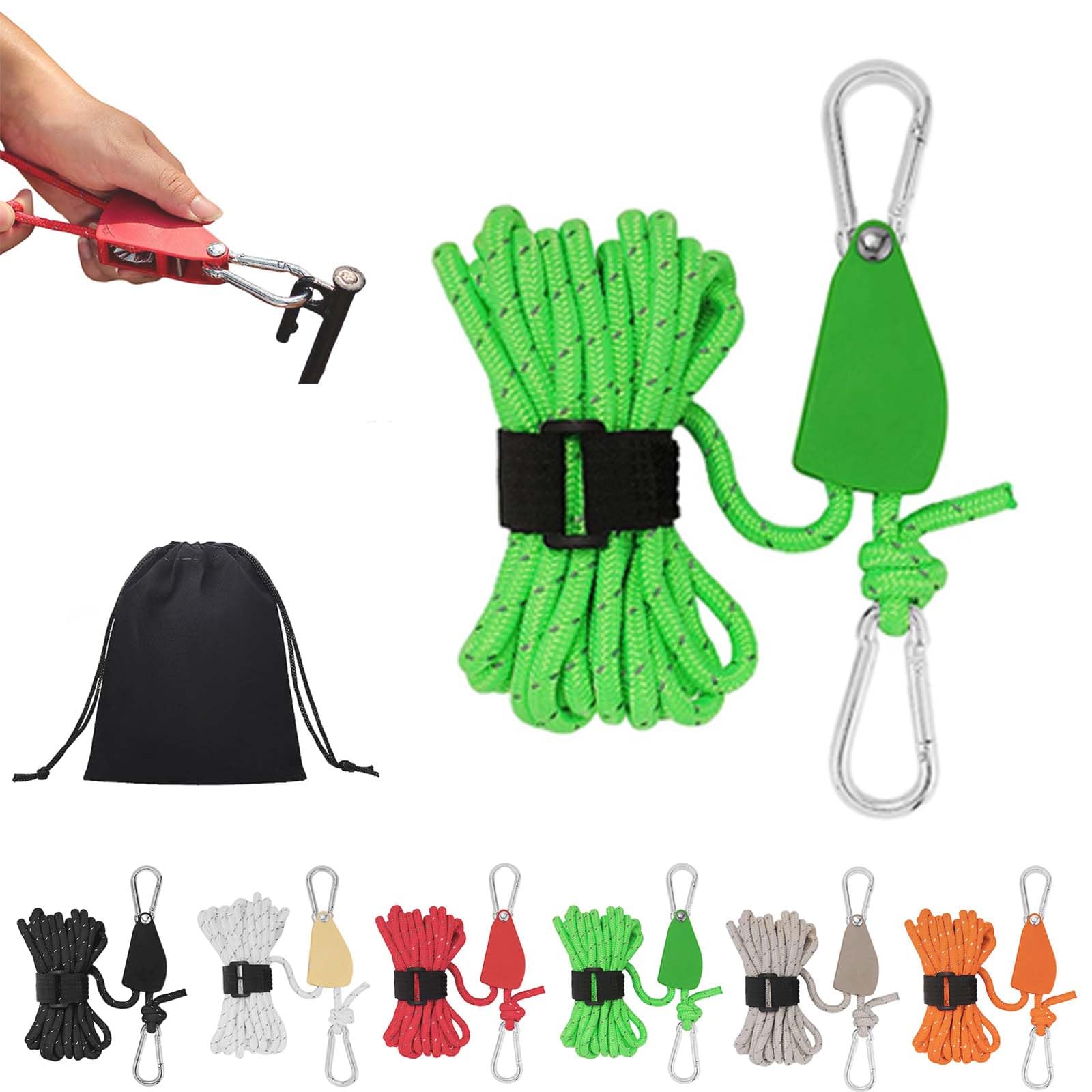 Gienslru Green Portable Adjustable Fix Camping Rope, Camping Rope With Ratchet Pulley, Portable Adjustable Fix Tent High Strength Fast Release Pulley Camping Rope For Tent Tarp, Canopy Shelter (13.1Ft/4M, )