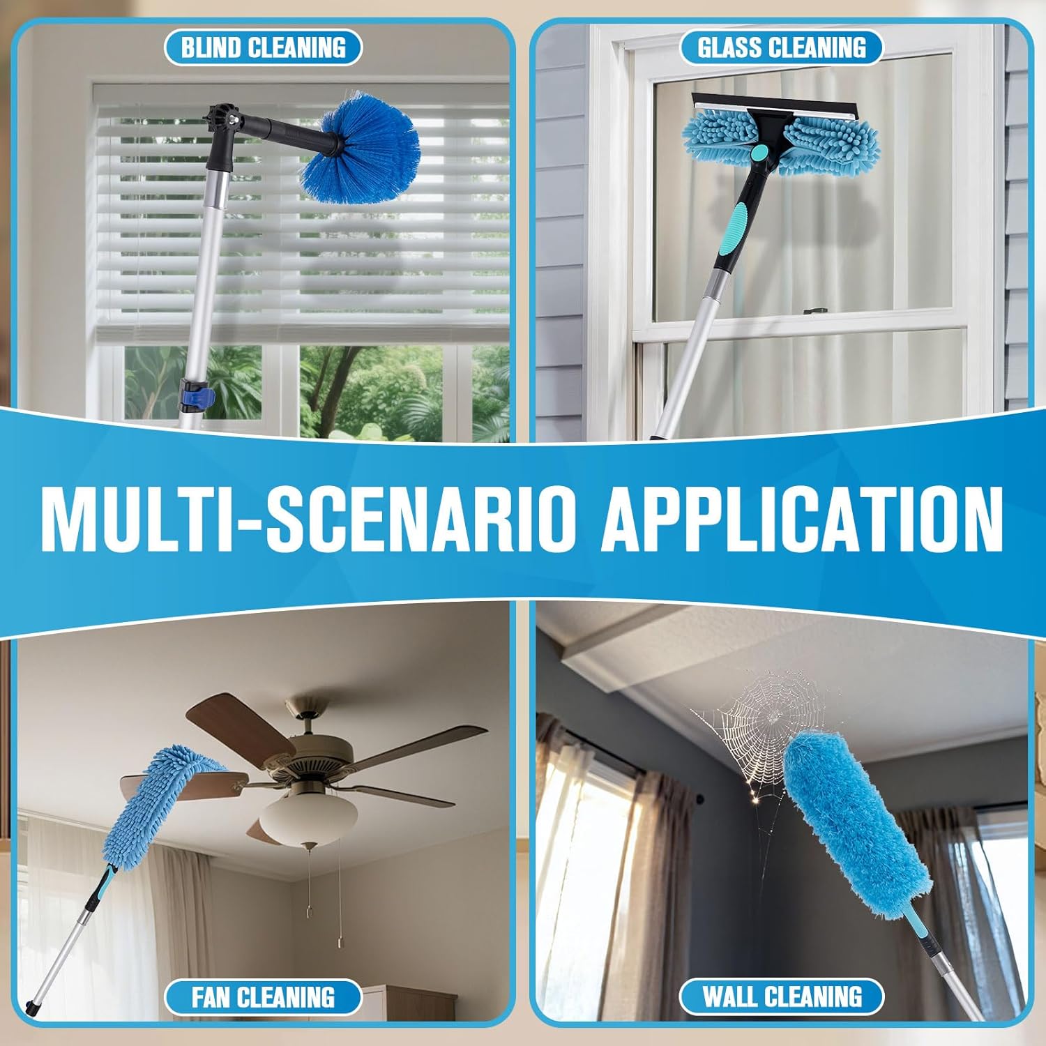 Cobweb Duster with Extension Pole, 20Ft Ceiling Fan Cleaner Duster, High Ceiling Duster Kit with 5-12Ft Telescoping Extension Pole, Long Handle Duster for High Ceilings, Window Washer Kit