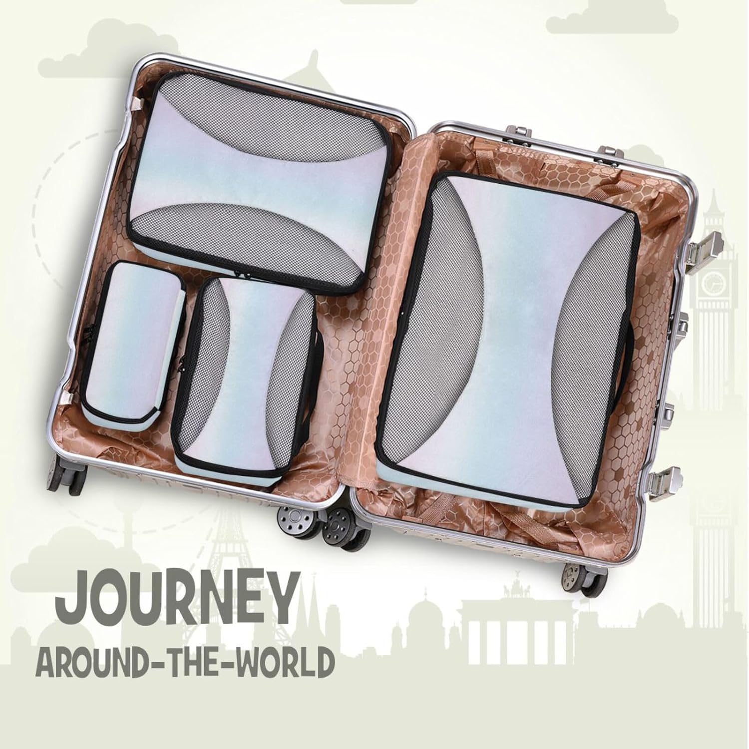 Powder Blue Gradient 4 Pcs set bag organizer insert Mesh Travel Essentials expandable packing cubes travel