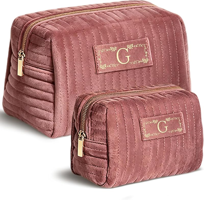 Necessaire de maquiagem personalizada Adoryoung com inicial, veludo cotelê, Dark Pink, conjunto com 3