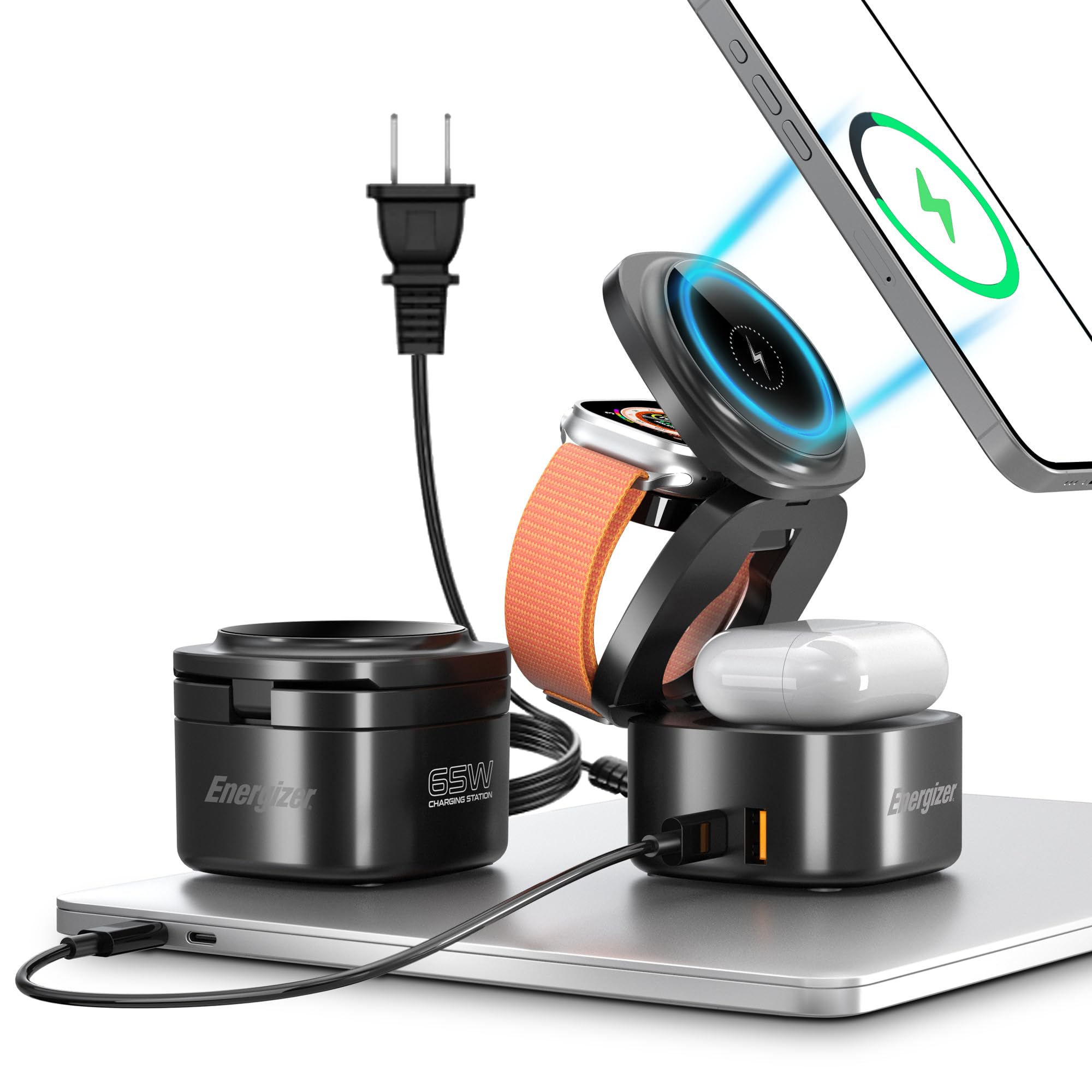 Energizer Foldable Apple Magsafe Charging Station with 65W USB C Fast Charger,5 in 1 Magnetic Wireless Charger Stand Dock for Multiple Devices iPhone 16 15 14 13 Pro Max Apple Watch AirPods MacBook