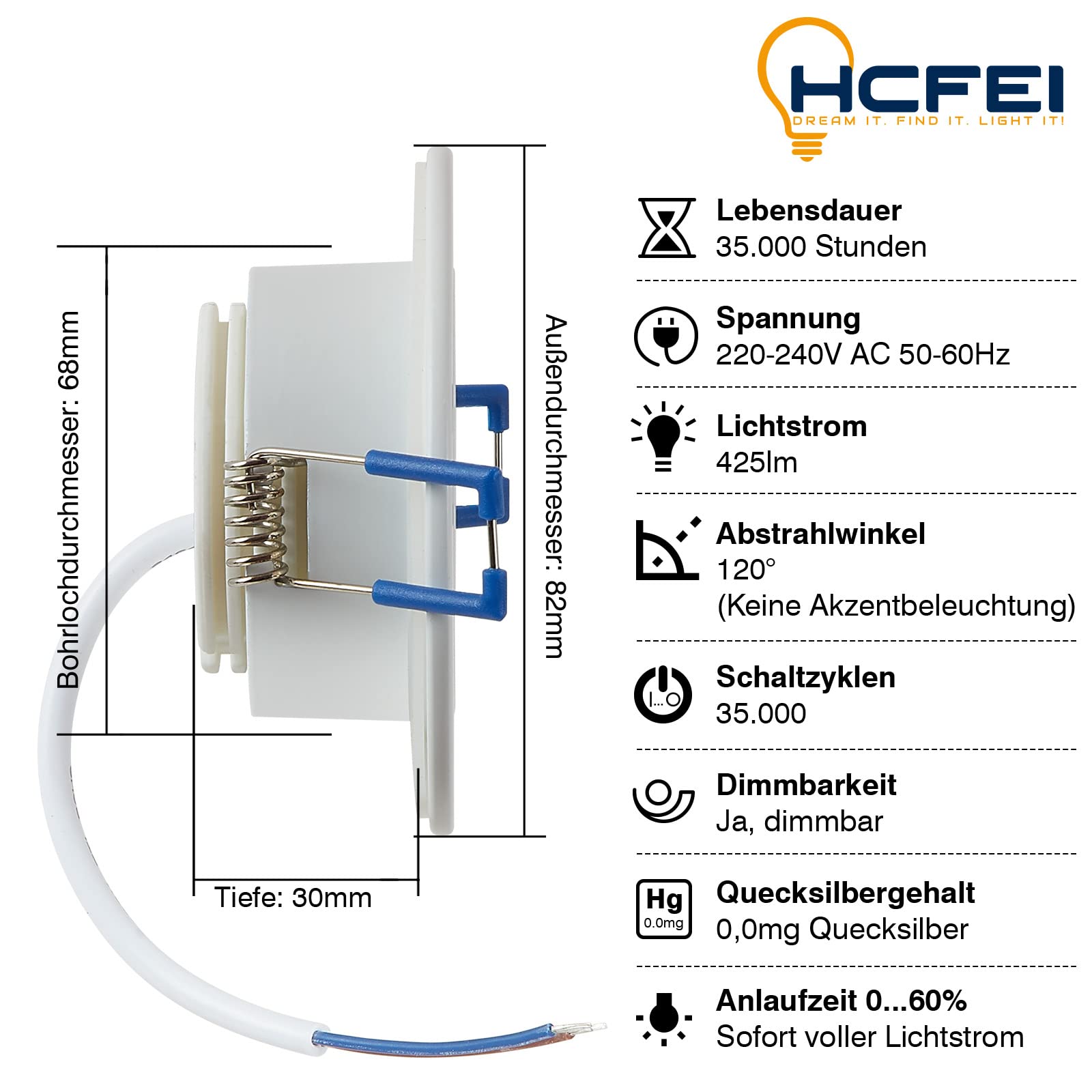 HCFEI | Faretto da incasso a LED Bianco 5W | 35mm di profondità d'incasso | Ø60mm di diametro del foro | Faretto regolabile per soggiorno, bagno | 230V | IP44 | Bianco neutro 4000K | SET 3