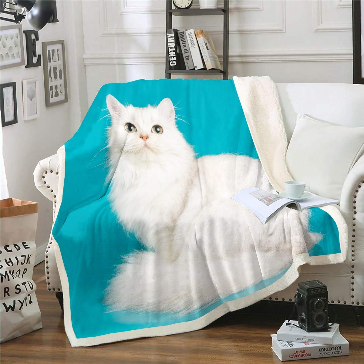 Coperta in pile con gatto bianco per animali domestici e gatti, coperta sfocata per sedia, stampa a gattino, coperta in stile sherpa, coperta 3D in peluche, decorazione per camera da letto