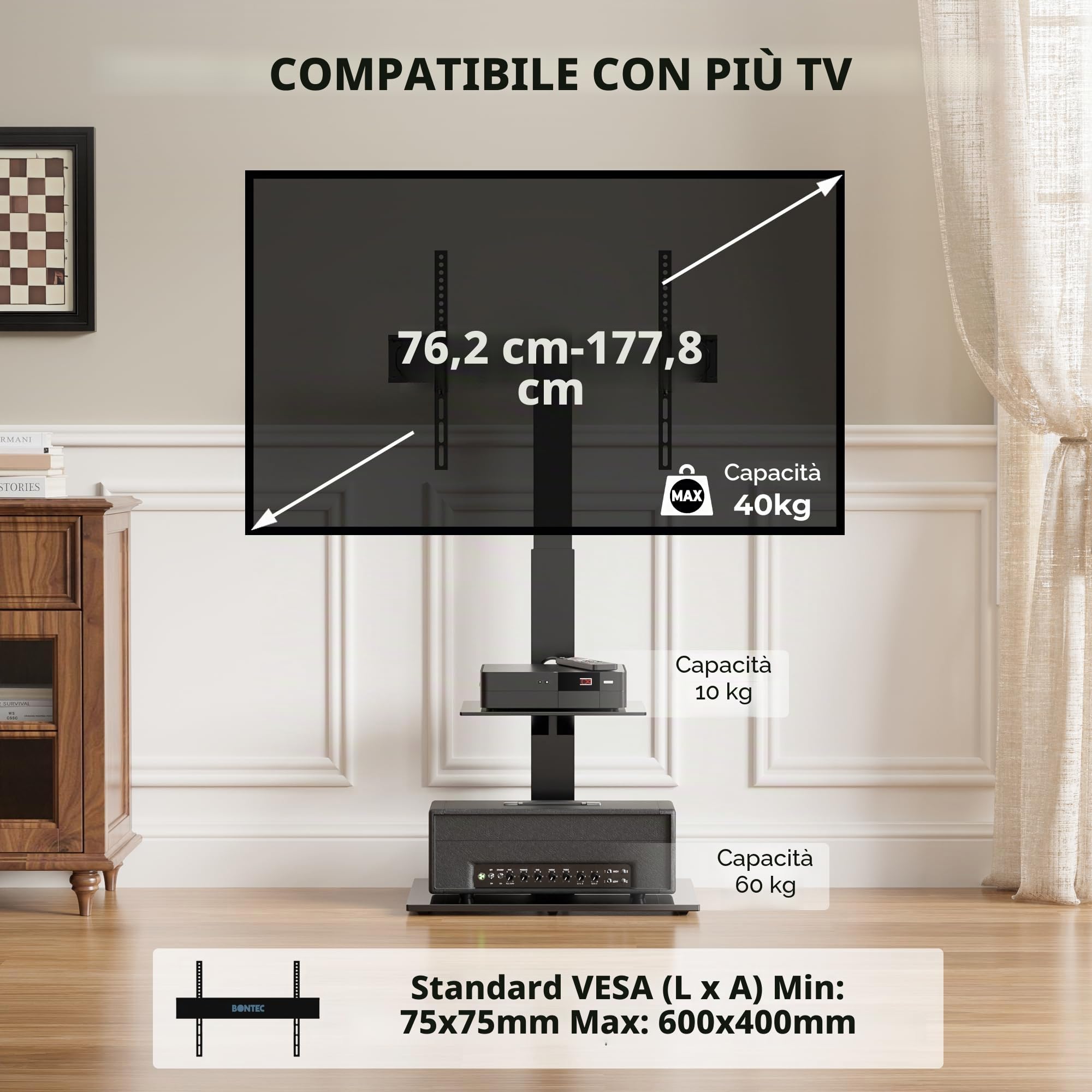 BONTEC Universale Supporto TV da pavimento per TV da 30-70 pollici LED OLED LCD, Porta TV da Terra Regolabile in Altezza con Ripiani in Vetro Temperato a 2 Livelli Max VESA 600x400mm, Fino a 40KG