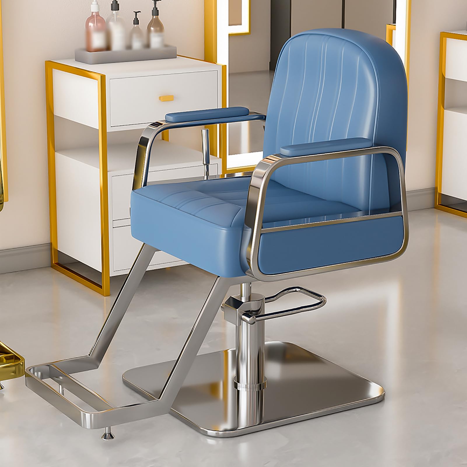 Poltrona da barbiere per negozio e salone di bellezza, girevole a 360 gradi per lo styling dei capelli con poggiapiedi e base per stilista, bracciolo in acciaio inossidabile, C, rotonda (B quadrata)