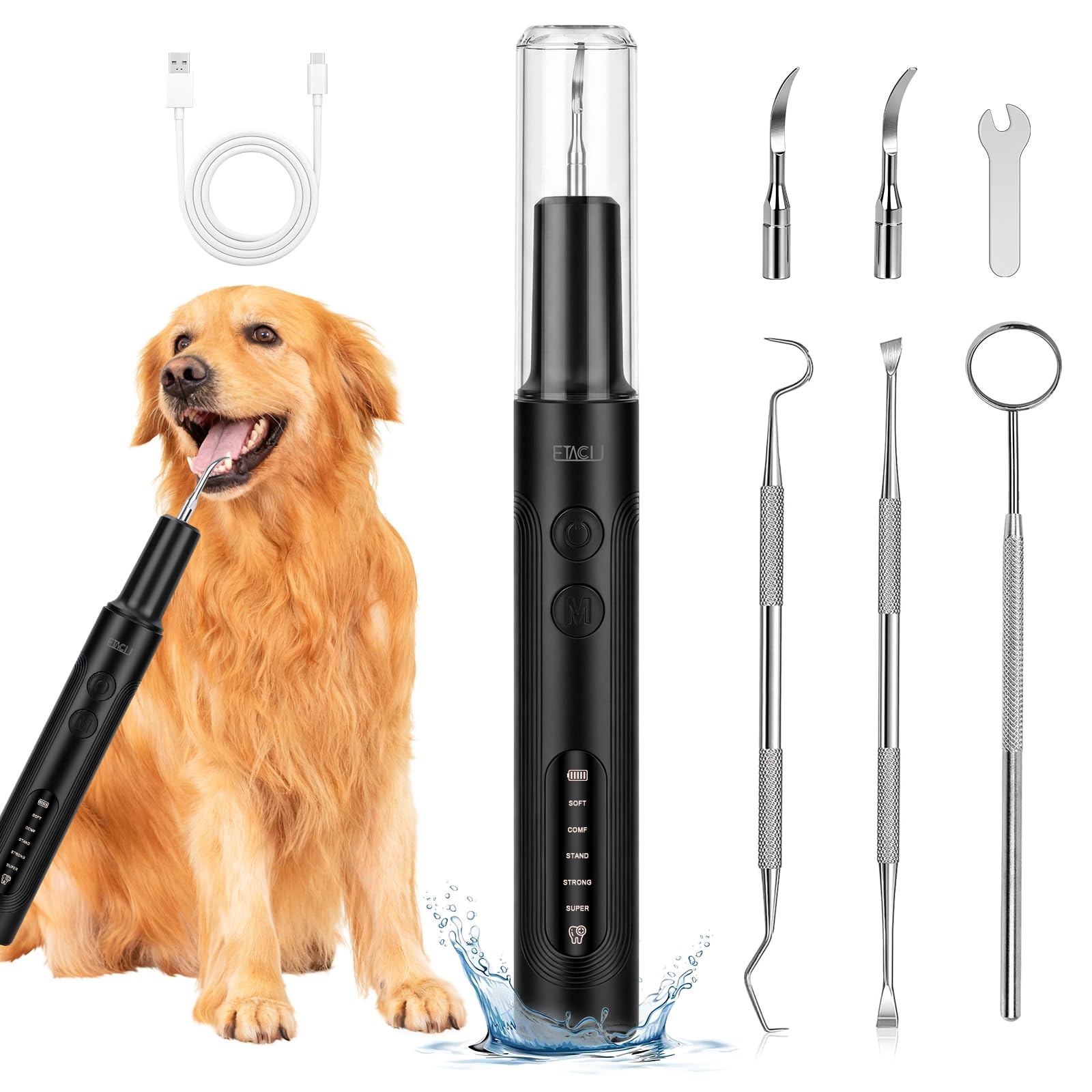 ETACCU Hund Zahnsteinentferner, Ultraschall Zahnreiniger für Hunde und Katzen mit Sensortechnologie, 5 Modi, LED-Licht, USB-C, IPX6 Wasserdicht, Elektrisches Zahnreinigungsset, Schwarz
