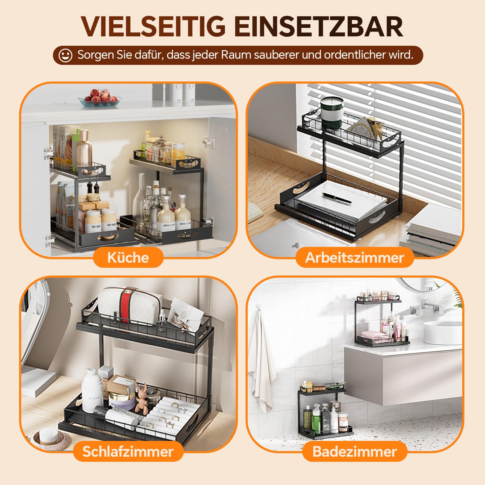 Ausziehbares Metall-Regal, 2 Ebenen, Unter Waschbecken & Spüle, Organizer für Küchen- und Badezimmerschränke（Schwarz）