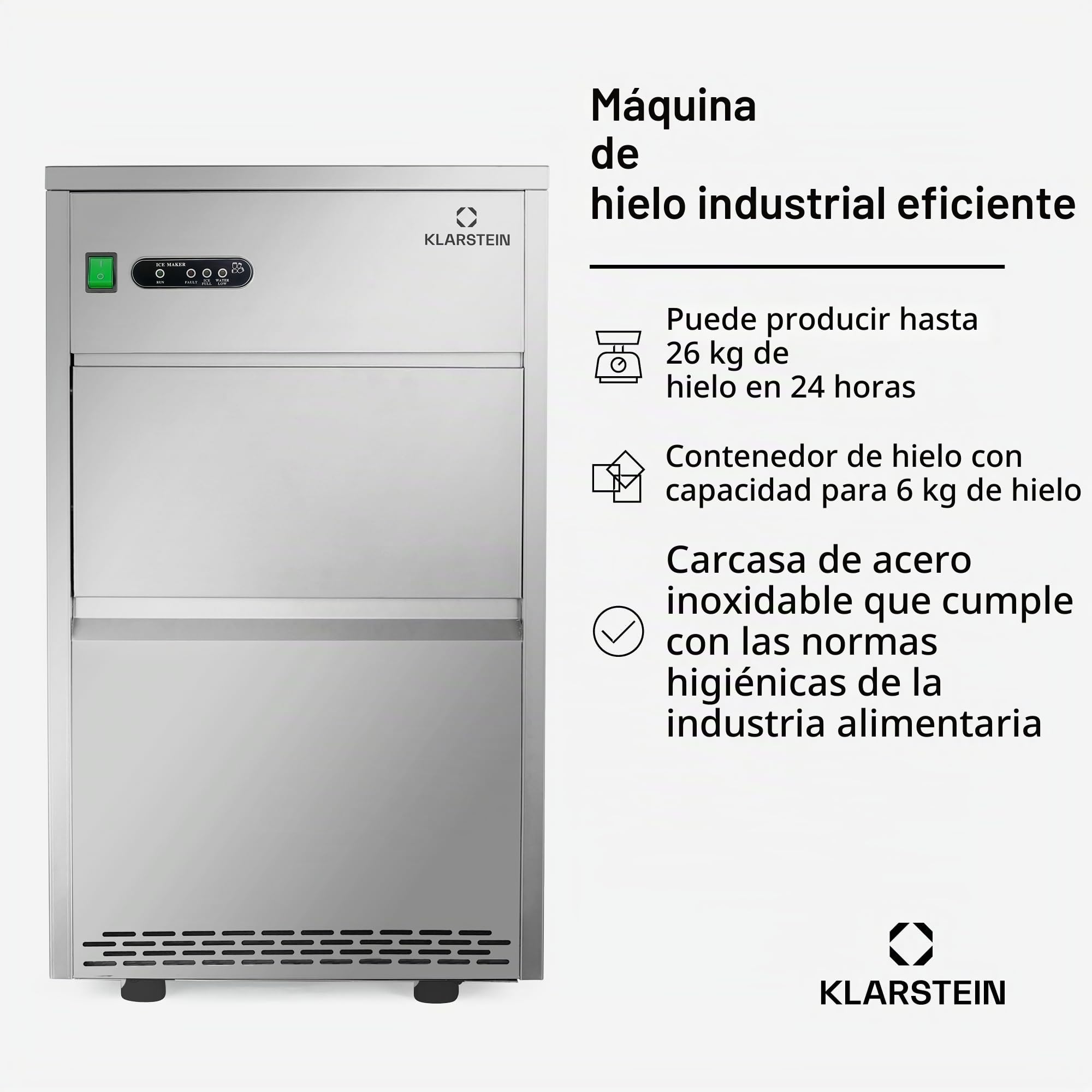 Klarstein ICE3-Powericer-XXL - Máquina de hielo industrial (160 W, 25 Kg/día, 6 kg, sistema eficaz, revestimiento insípido, muy silencioso, compresor de alto rendimiento, plata