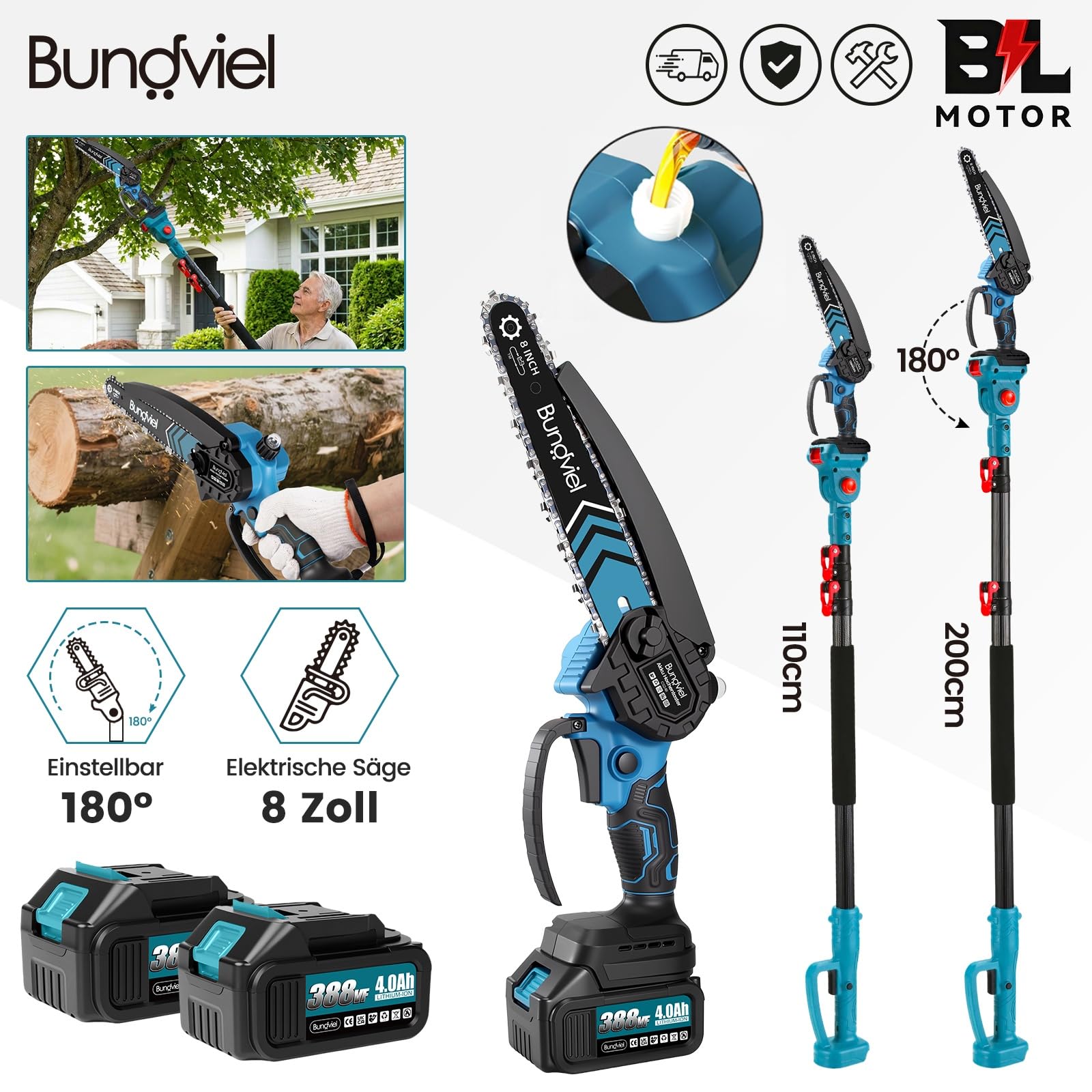 2-in-1 Akku Kettensäge Teleskop Astsäge Elektro Kettensäge Kompatibel mit Makita Akku, 8 Zoll Bürstenlos Mini Astsäge Akku, 2x4000mAh Batterien, 4,6m Arbeitshöhe, Öltank für Garten Baumschnitt