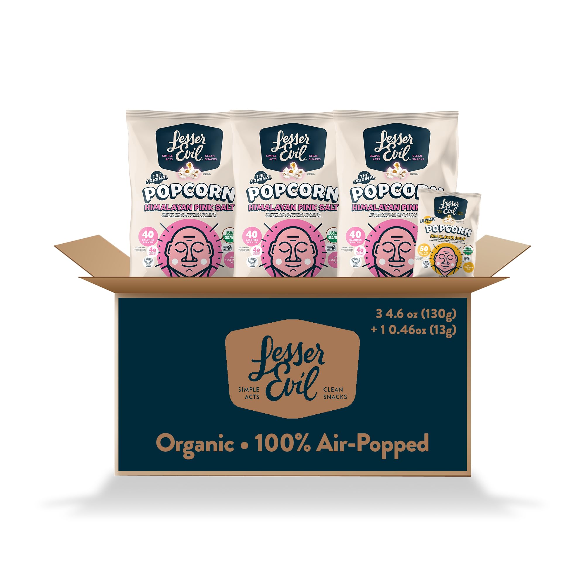 LesserEvil Himalayan Pink Salt and Himalayan Gold Organic Popcorn, Premium Quality, Minimally Processed, 3 4.6oz Bags of Himalayan Pink Popcorn and 1 0.46oz Bag of Himalayan Gold Popcorn