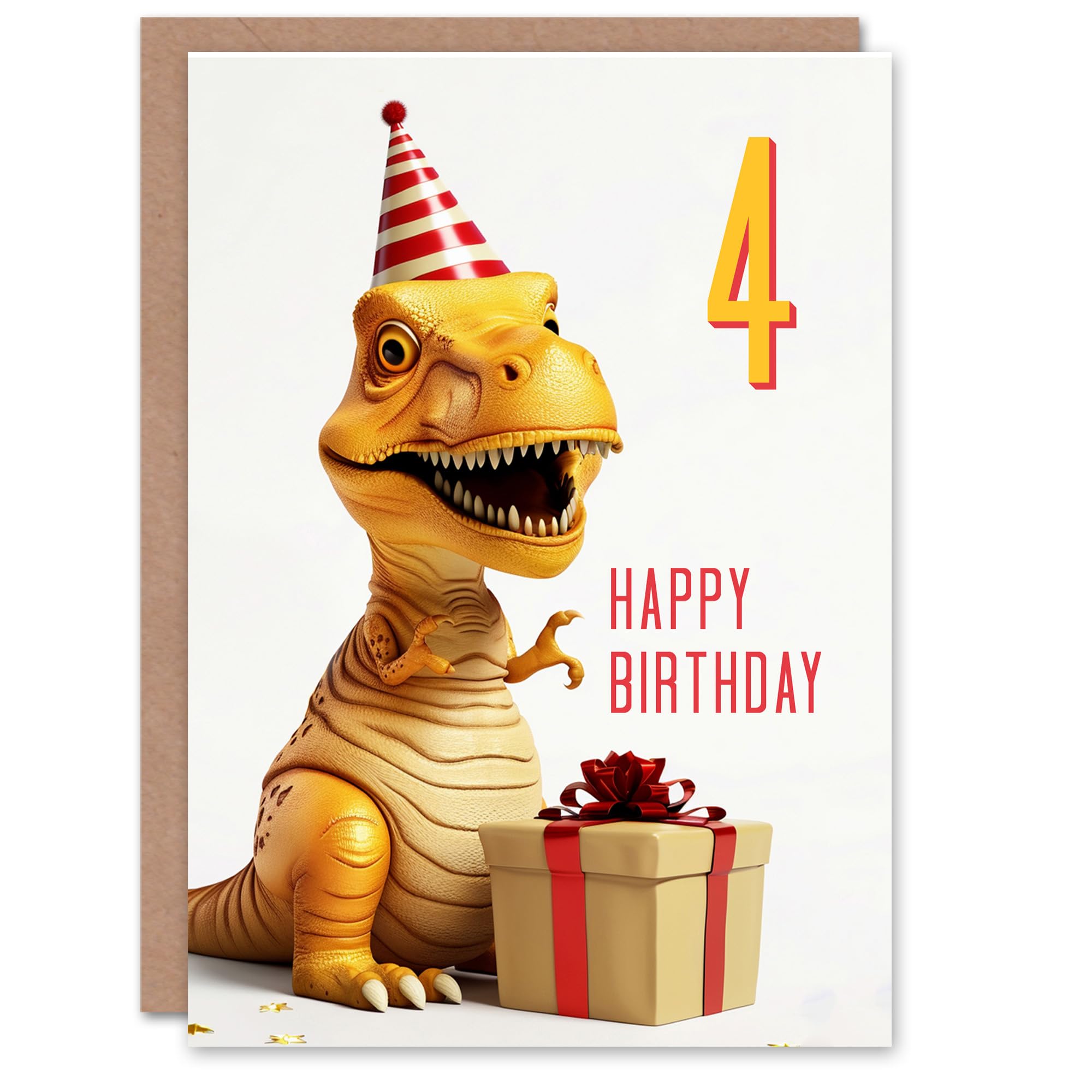 Artery8 4th Birthday Card Baby T-Rex Dinosaur Party Hat Kids Age 4 Year Old Child For Son Daughter Girl Boy Happy Card