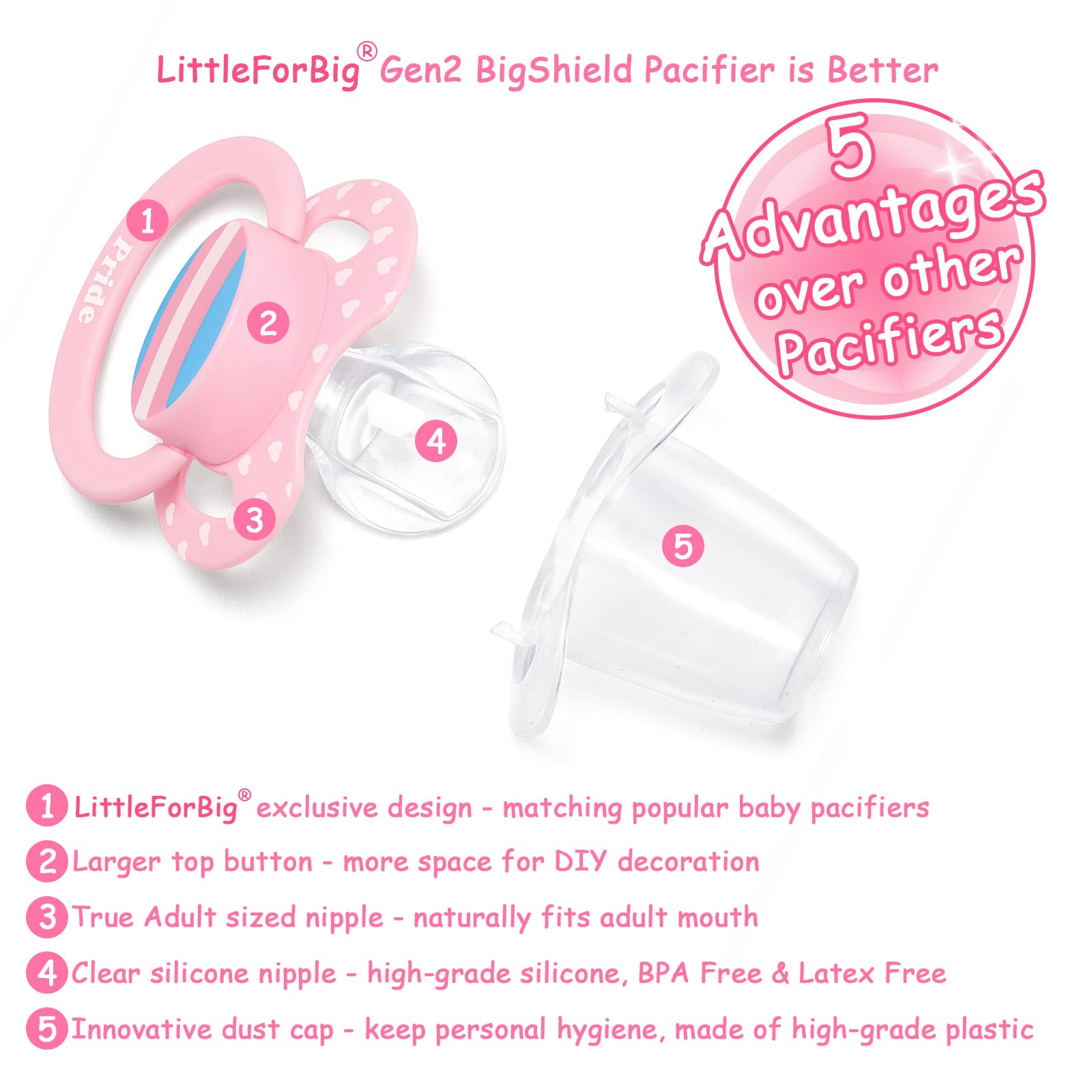 LittleForBig Bigshield Generation-II Adult Sized Printed Pacifier Trans Pride Pattern Pink