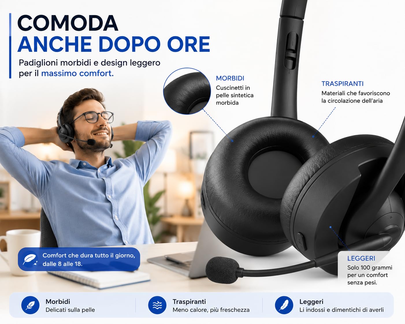 Zane WorkFree Cuffie Wireless con Microfono Bluetooth 5.3, Cuffie per Smart Working e PC, Microfono Orientabile con Riduzione del Rumore, 15 Ore di Autonomia, Compatibili con Teams Zoom Windows Mac