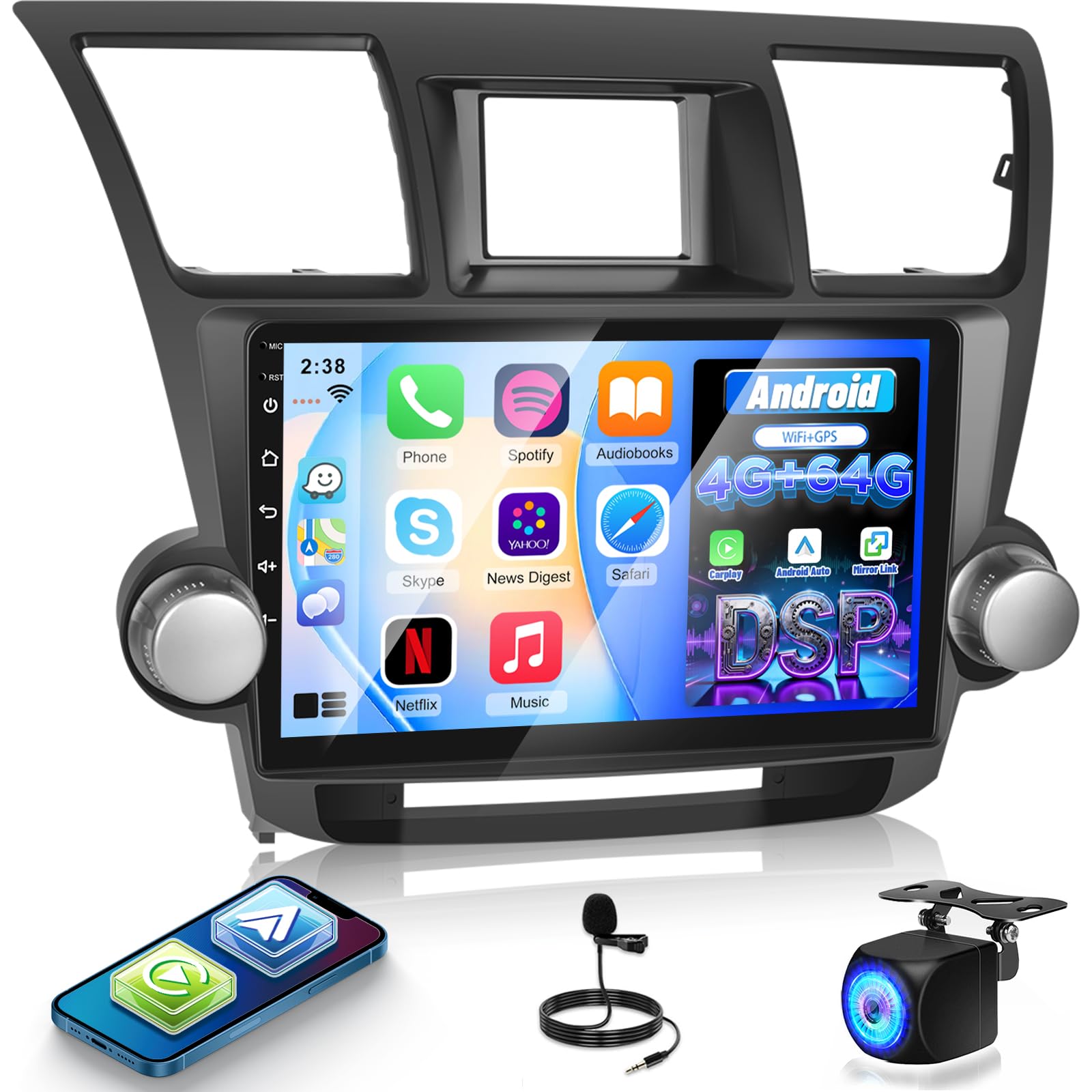 [4+64G] Car Stereo for Toyota Highlander 2009-2014: 10.1 inch IPS Touchscreen Android Radio - Wireless Carplay & Android Auto/5G/WiFi/DSP/EQ/Customize