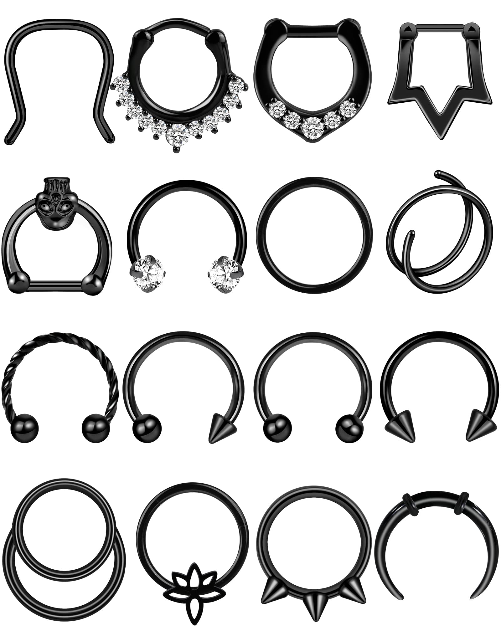 ONESING 16Pcs 16G Septum Rings Surgical Steel Nose Septum Jewelry Nose Piercing Jewelry Septum Horseshoe Helix Tragus Earring Lip Black Nose Hoop for Women Men