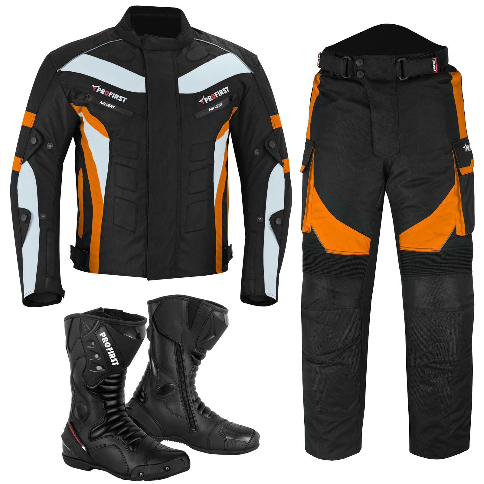 Motorcycle Suit Waterproof Motorbike Jacket for Men Boy CE-Armoured 2-Piece Motorbike Suits Cordura Rider Jacket with Motorcycle Trouser & Boots (UK, Alpha, 4XL, Regular, Regular, Orange)