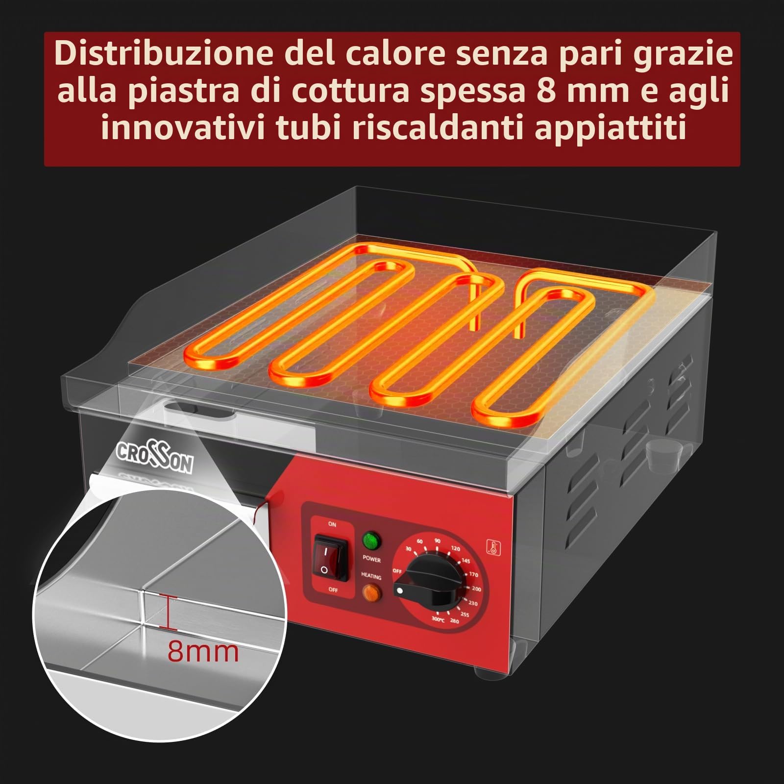 CROSSON Piastra Elettrica Commerciale 2000W,Plancha Elettrica Inox 36 x 40 cm, Temperatura Regolabile 60-300°C con Spatola per Ristoranti Luoghi Pubblici e Barbecue