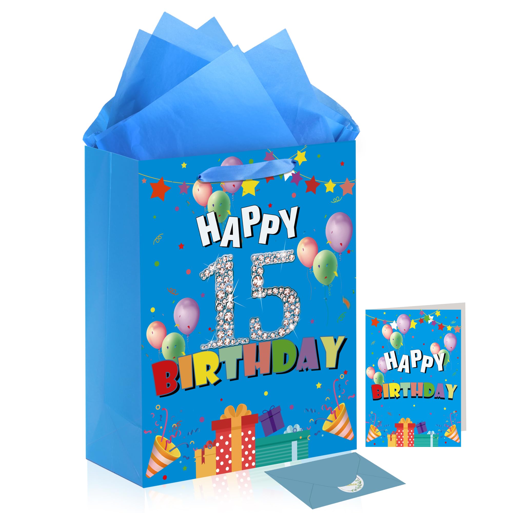 Amazon.com: 15th Birthday Gift Bag, Blue Happy 15th Birthday Bag