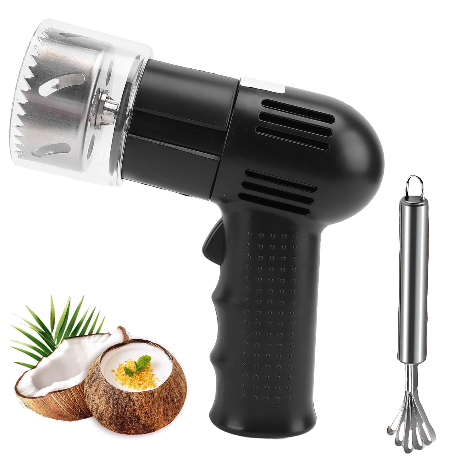 Elektrisches Kokosnussöffner-Werkzeug – 304 Edelstahl Kokosnuss-Schaber mit 6 cm Lochschneider, wiederaufladbar, lange Batterielaufzeit (12 Stunden) für grüne und reife behaarte Kokosnüsse black