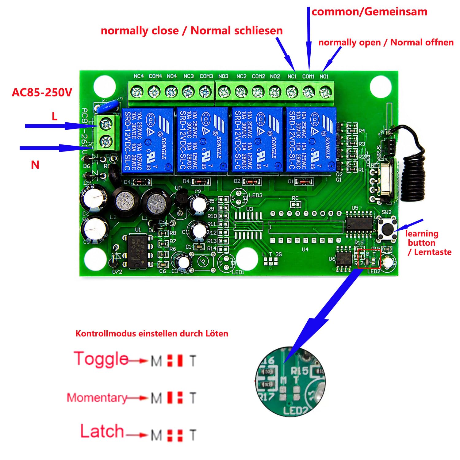 220V 230V 4CH Télécommande Sans Fil Commutateur de Contrôle Relais de Contrôle 433MHz 4 Canaux avec 4 Émetteurs Récepteur Universel Portes de Garage Fenêtres Moteur AC 110V 250