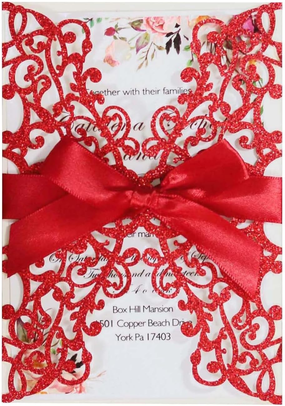 25PCS Wedding Invitation,Silver invitations,Silver Powder Floral Laser Cut with Blank Inner Sheet, Envelopes and Ribbons for Party Wedding Engagement Bridal Bridal Shower Invite (Red)