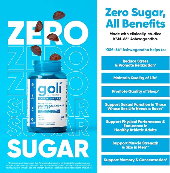 Goli Zero Sugar Ashwagandha & Vitamin D, Maca, L-Theanine Gummies, No Artificial Sweeteners, No Sugar Alcohols. Mixed Berry, KSM-66, Vegan, Plant Based, Non-GMO, Gluten-Free & Gelatin Free, 60 Gummies