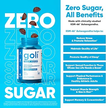 Goli Zero Sugar Ashwagandha & Vitamin D, Maca, L-Theanine Gummies, No Artificial Sweeteners, No Sugar Alcohols. Mixed Berry, KSM-66, Vegan, Plant Based, Non-GMO, Gluten-Free & Gelatin Free, 60 Gummies