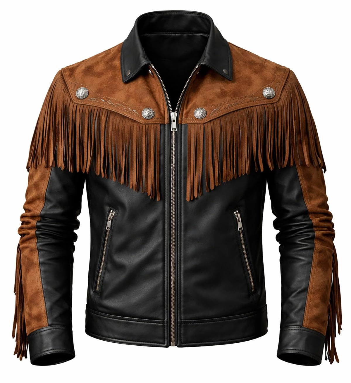 Herren-Cowboy-Jacke mit Fransen, Lederjacke mit Fransen, schwarze Fransenjacke