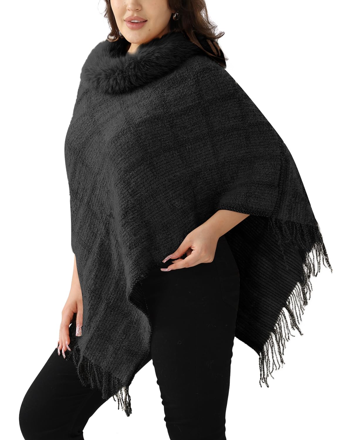 NLAND Poncho Donna Inverno Frange Mantella Coprispalle Elegante da Cerimonia con Collare Scialle Caldo Maglione Cappotto Morbida e Versatile