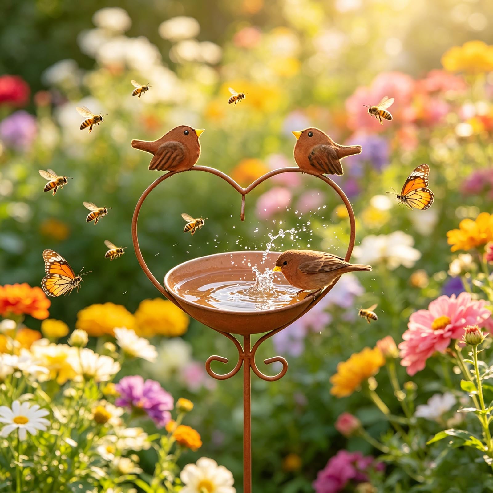 Abreuvoir à oiseaux debout 115 cm en métal vintage pour jardin extérieur