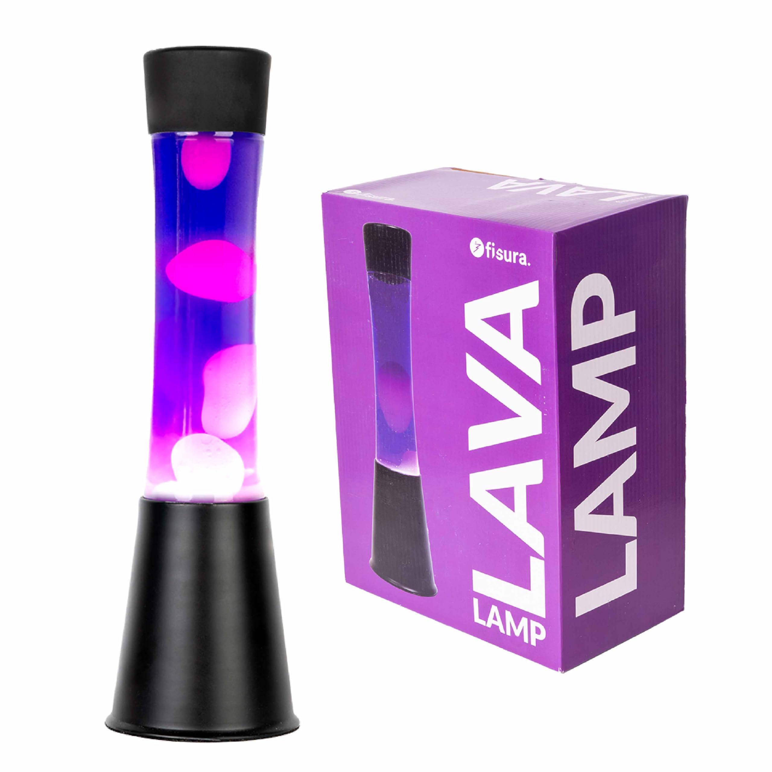 Fisura - Lámpara de lava morada. Base negra, líquido morado y lava blanca. Lámpara efecto relajante. Con bombilla de repuesto. 11 cm x 11cm x 39,5 cm.