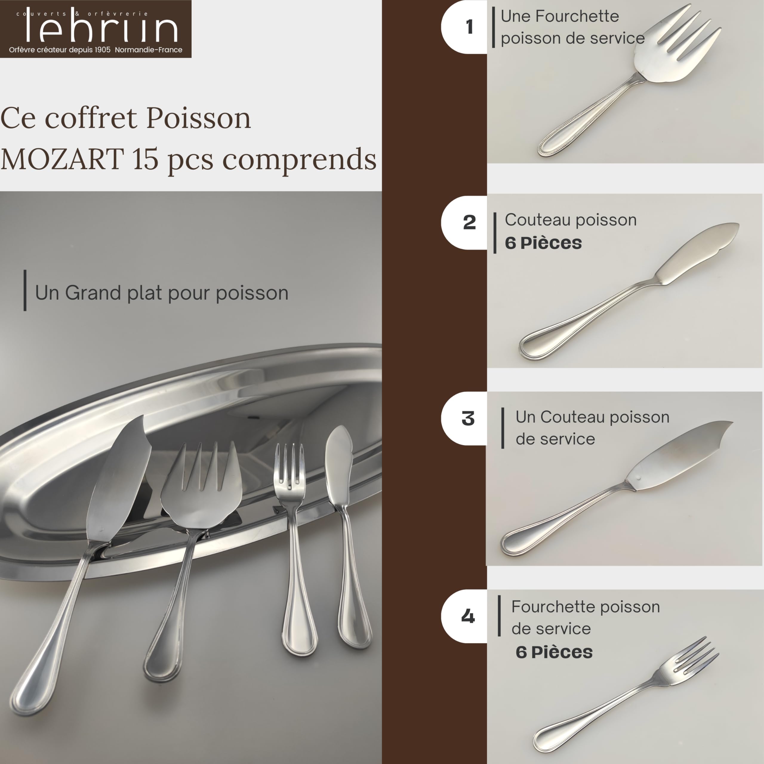 Lebrun Couverts Coffret Poisson MOZART 15 Pièces en Acier Inoxydable – 1 Plat de Service + Couverts Poisson Assortis – Service Élégant pour Poisson, Filets & Fruits de Mer