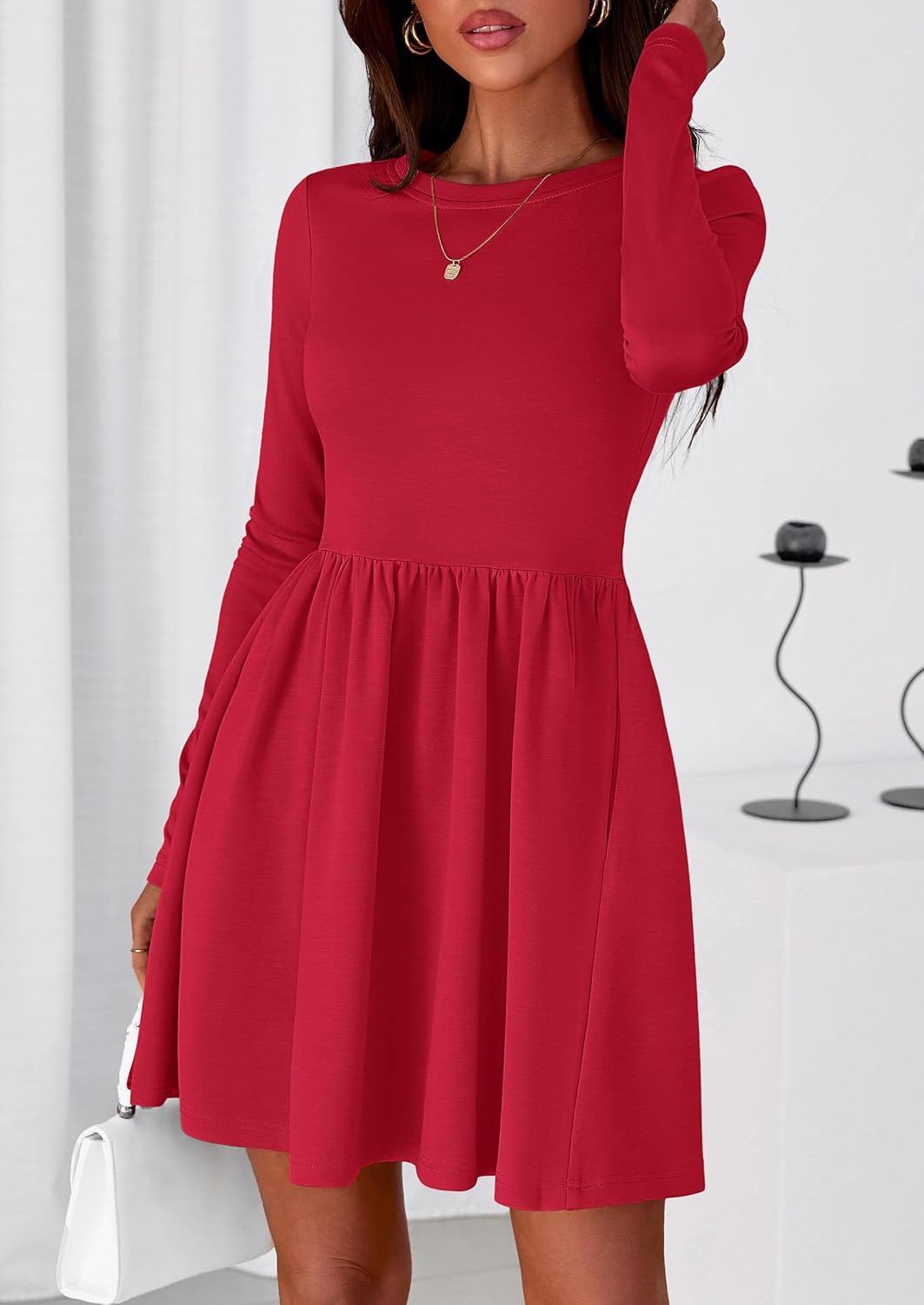 PRETTYGARDEN Women's Long Sleeve Mini Dresses 2026 Spring Casual Pleated A Line Party Cocktail Short Babydoll Dress Pocket - Image 7