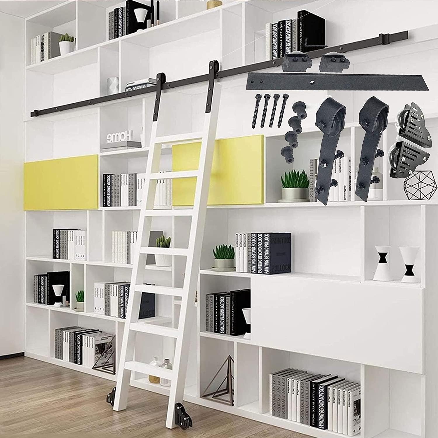Rolling Ladder Hardware Library Sliding Ladder Hardware Kit, Black Steel Mobile Ladder Track, with Floor Roller Wheels, for Home/Indoor/Loft (No Ladder) (Size : 100cm(3.3 ft) Track kit)