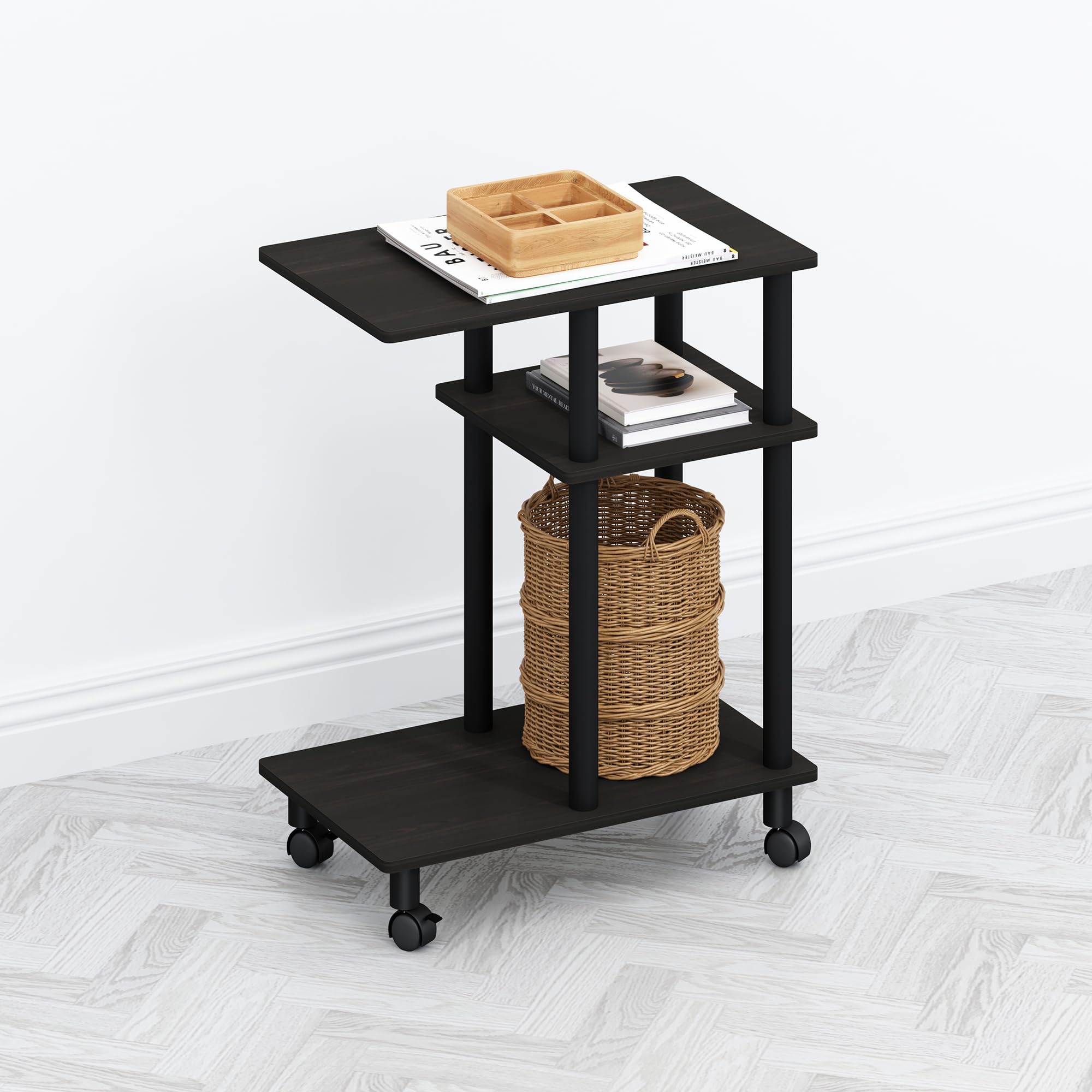 Furinno TOMI Side Table, 3-Tier C-Shape Open Shelf End Table with Wheels, Night Stand, Bedside Table, Toolless Assembly, for Living Room, Bedroom, Espresso/Black