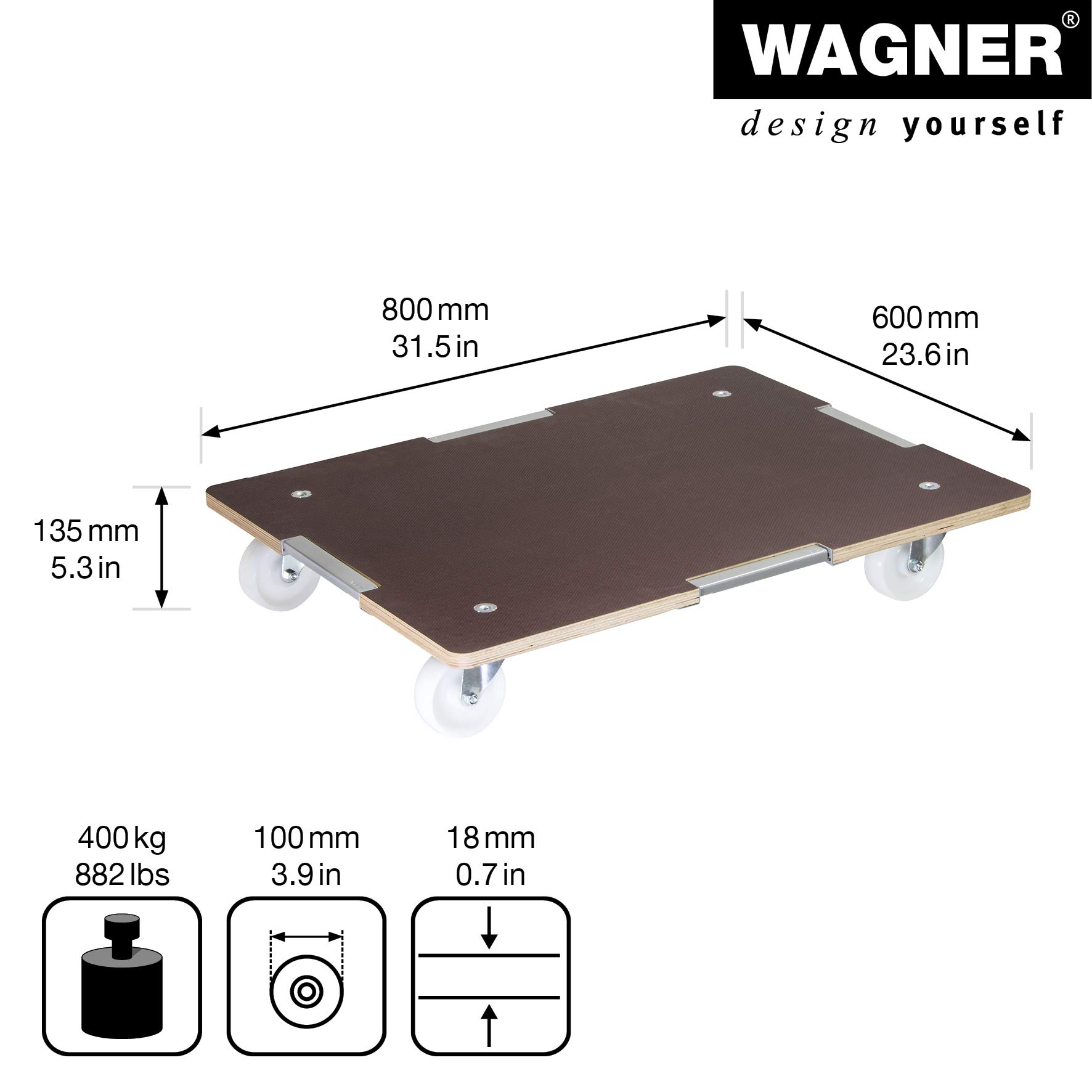 Wagner Chariot à roulettes MM 1379 I 80 x 60 x 13,5 cm - Charge 400 kg - pour conteneurs empilables lourdement chargés I sécurisation de la Charge I Surface antidérapante I certifié FSC® - 20137901