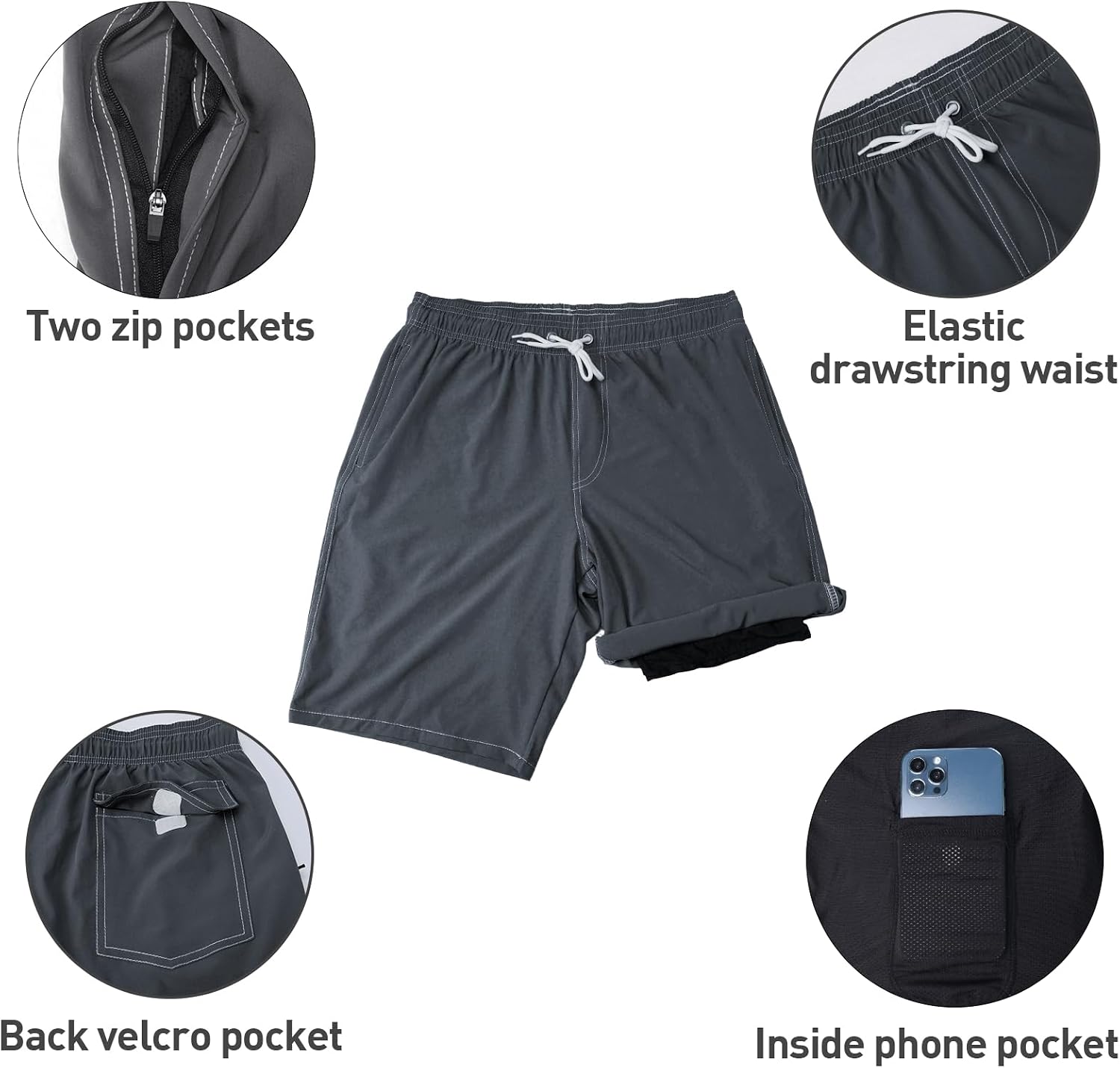 Arcweg Mens Swim Trunks with Compression Liner 9” Men Beach Board 2 in 1 Bathing Suit with Zipper Pockets, Quick Dry