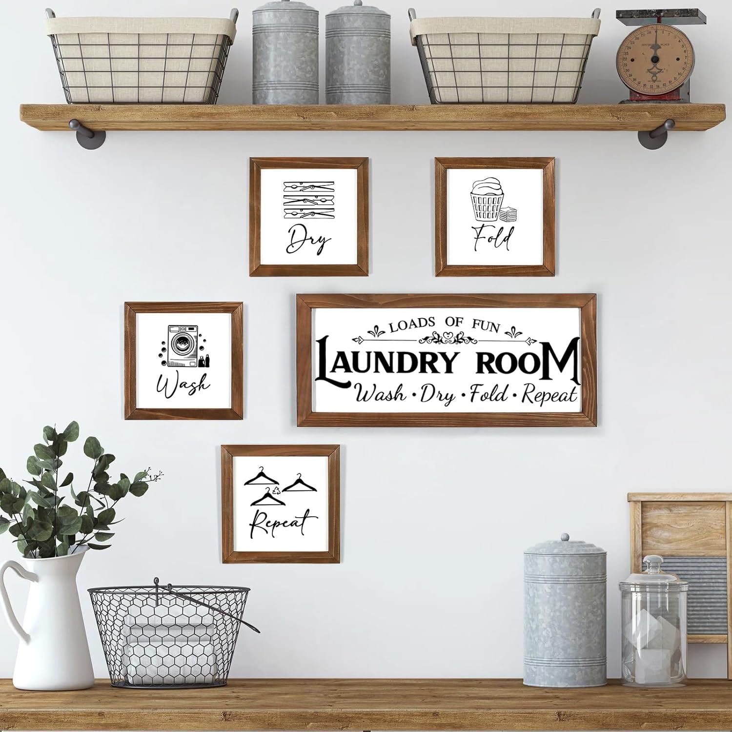 Laundry Room Wall Decor Set of 5 - Farmhouse Wood Signs with Wash Dry Fold Put Away, Rustic Laundry Room Art with Wood Frame Decorative Room Sign
