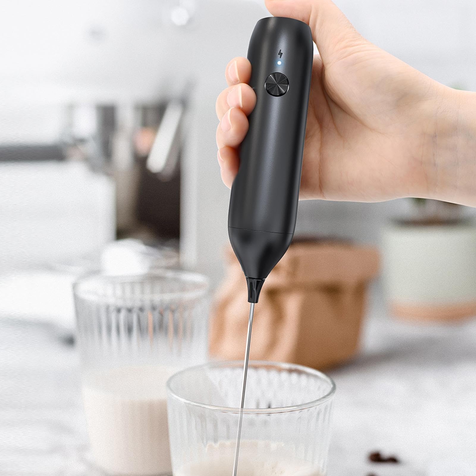 FOUNCY Milk Frother, Electric Whisk, Hand Mixer, Battery-Powered Coffee Maker, Black