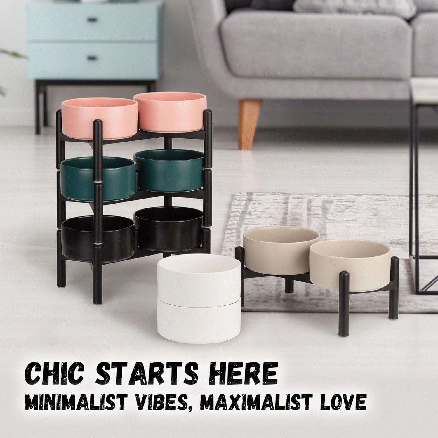 Raised Ceramic Dog Bowl Set - Elevated Double Dishes with Stainless Steel Stand - Food and Water Bowls for Small to Medium Dogs - Each Holds 2 Cups (28.75 fl oz) - White - Image 7