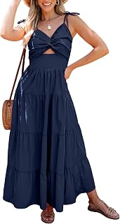 Long Flowy Dresses for Women Tiered Cut Out Midi Dress Self Tied Spaghetti Strap Summer Vacation Dinner Outfit