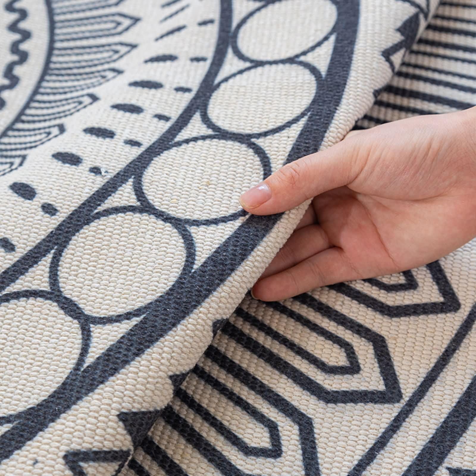 Tappeto Da Camera Grande, Rotondo Modello stampato in stile etnico con nappe in Cotone Lino Tappeto Soggiorno Lavabile, Grigio Nero, Stile 5, 150cm