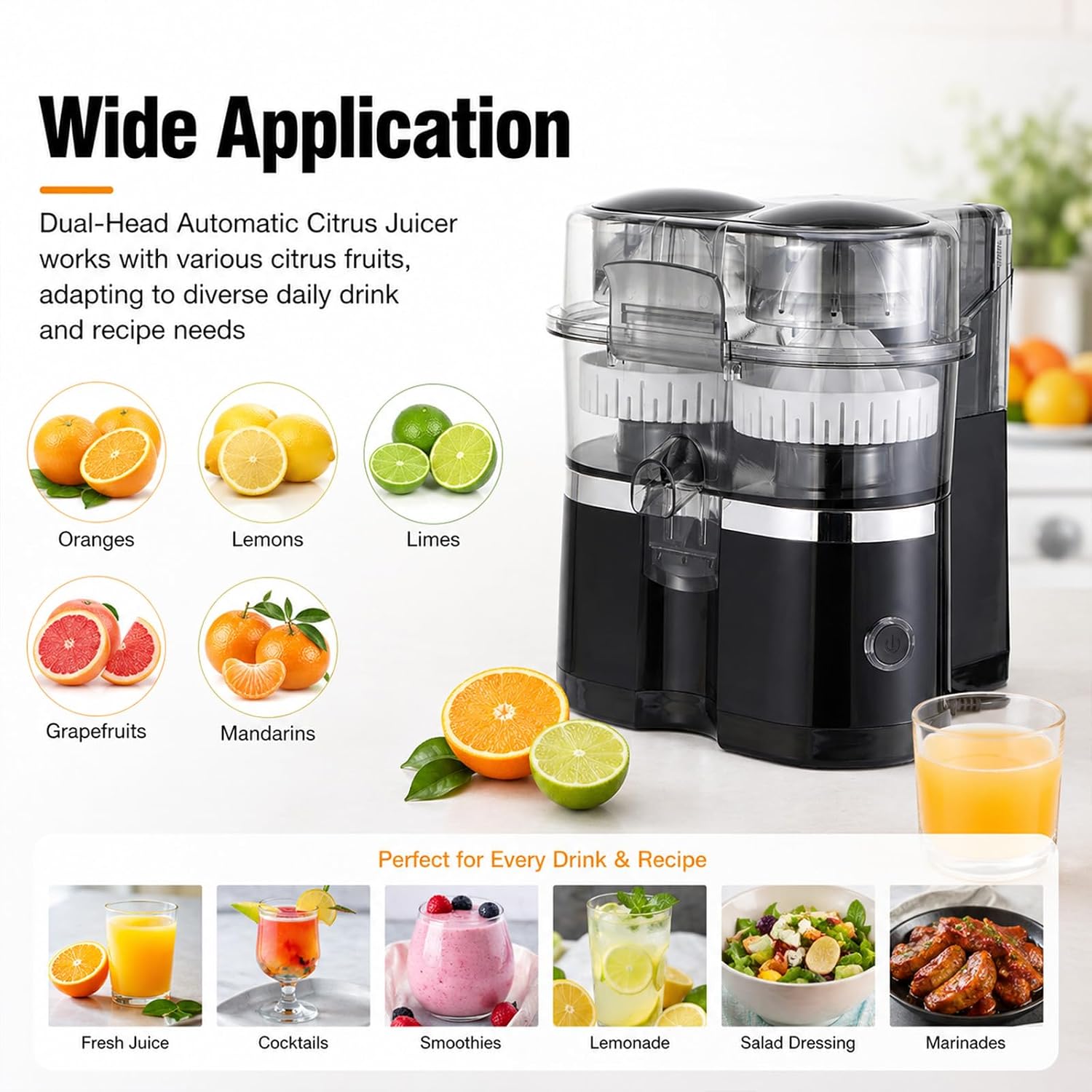 Dual-Head Automatic Citrus Juicer with Cleaning Brush — Dual-Head Electric Citrus Juicer, Detachable for Easy Cleaning, One-Touch Juicing, and 2-Speed Control for Kitchen Drinks (Black)
